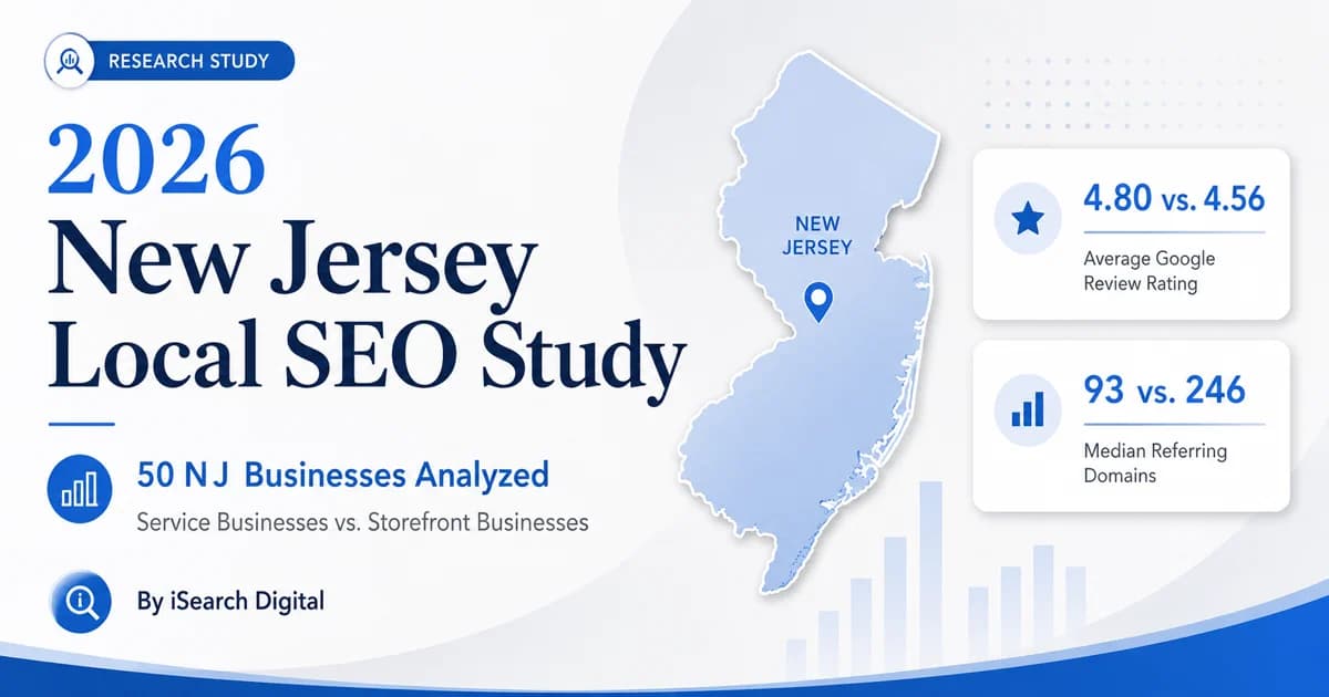 2026 New Jersey Local SEO Study graphic with New Jersey map, ratings and review comparisons